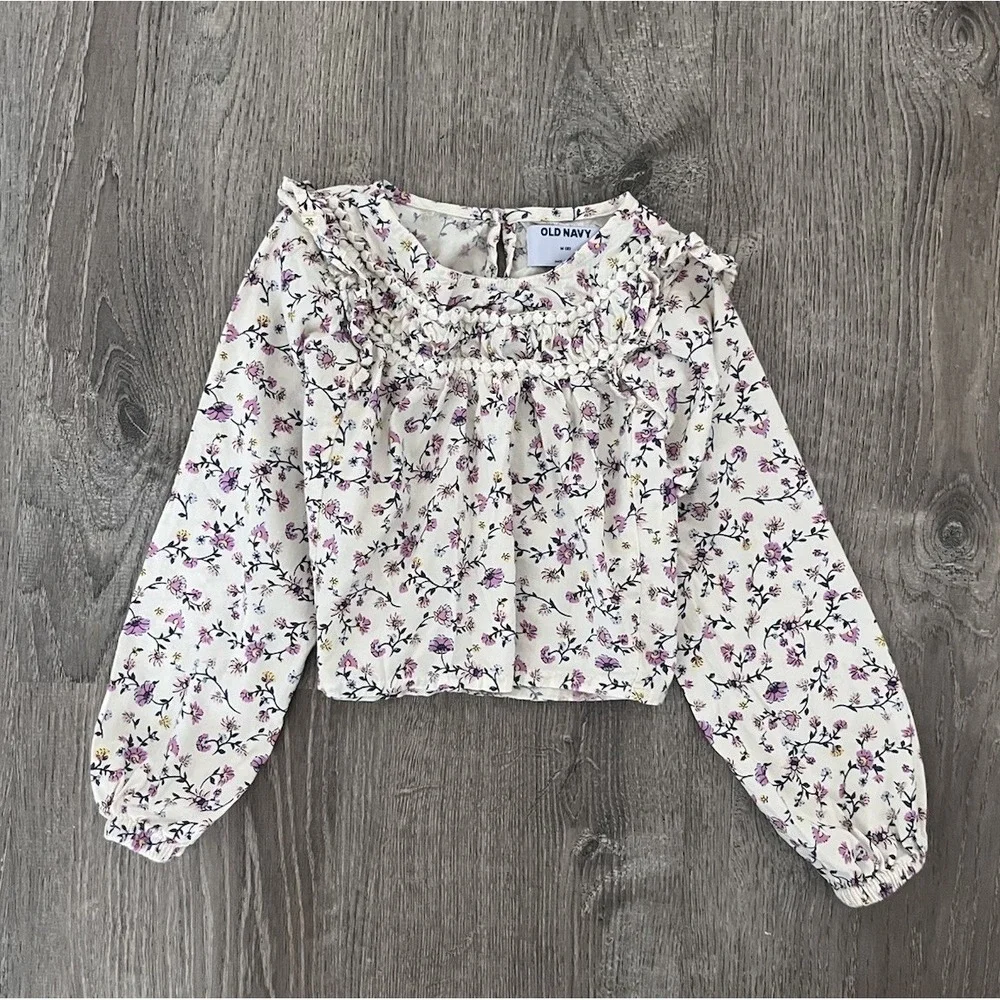 Old Navy Girls M(8) Floral Ruffle Smocked Blouse Top Long Sleeve Boho Pink Purp